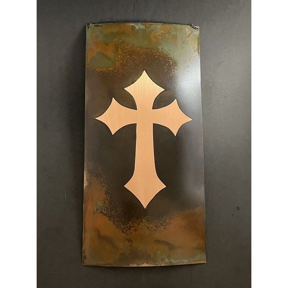 Copper Wall Hanging Cross Patina Decor Artisan Handmade 12” X 6” - Picture 1 of 8